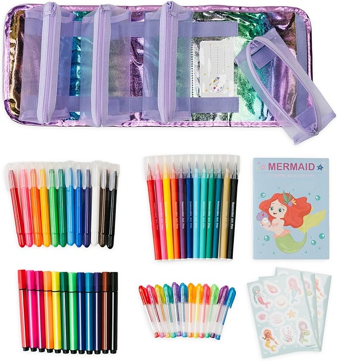 PapaKit Creative Art Coloring Set (Mermaid), Includes Travel Bag, Assorted Washable Marker Set, Glitter Pens & Coloring Pages, Art Supplies Great Gift