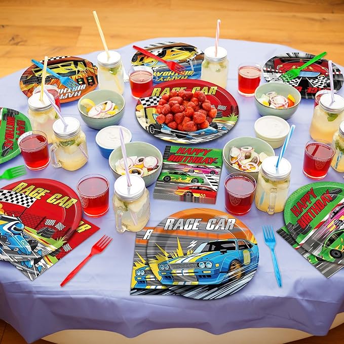 96Pcs Race Car Birthday Party Supplies Hot Car Themed Paper Plates Napkins Racing Themed Park Party Tableware Disposable Checkered Dinnerware Decoration Set for Kids Birthday Baby Shower Table Decor