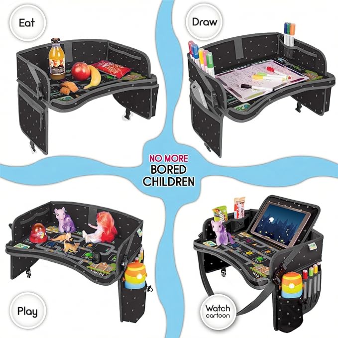 Kids Travel Tray - Waterproof Lap Table with No-Drop Large Tablet Holder - Car Seat Tray - Road Trip Essentials Kids - Car Desk Organizer for Airplane - Toddler Travel Essentials