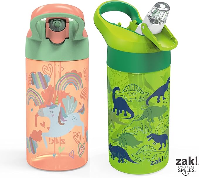 Zak Designs 16oz Riverside Kids Water Bottle with Spout Cover and Built-in Carrying Loop, Made of Durable Plastic, Leak-Proof Water Bottle Design for Travel (Unicorn & Dino Camo, Pack of 2)