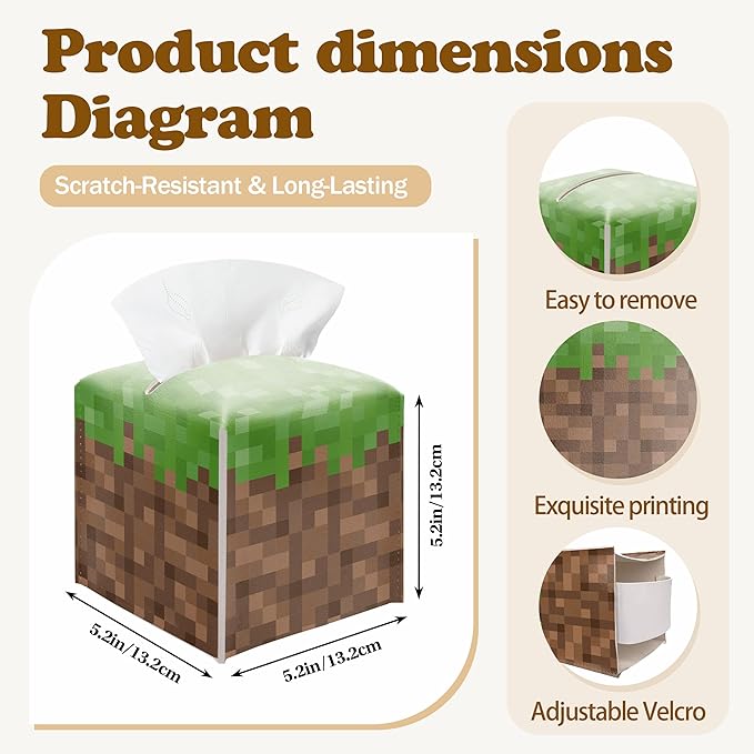 Pixel Grass Block Square Leather Tissue Box Cover – Pixel Theme Party Tissue Box Cover Holder Square, Pixelated Decor for Bathroom Nightstand Kitchen, Birthday Party Gift for Kids & Their Friends