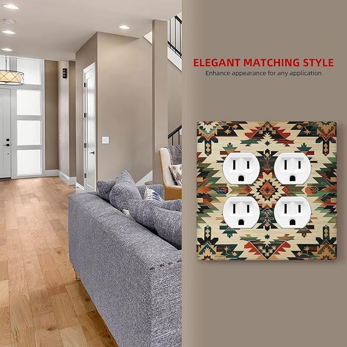 Outlet Covers Southwest Rustic American Indian Aztec Boho 2 Gang Double Duplex Decorative Light Switch Covers Electrical Wallplates Socket Faceplate for Bed Room living Room Decor
