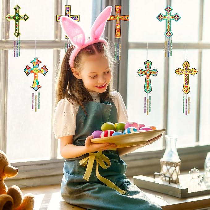 gisgfim 16 Pack Easter Cross Wind Chime Crafts Kits for Kids Make Your Own Sunday School Craft Religious Christian Crafts Wooden DIY Arts for Party School Classroom Decorations Supplies Birthday Favor