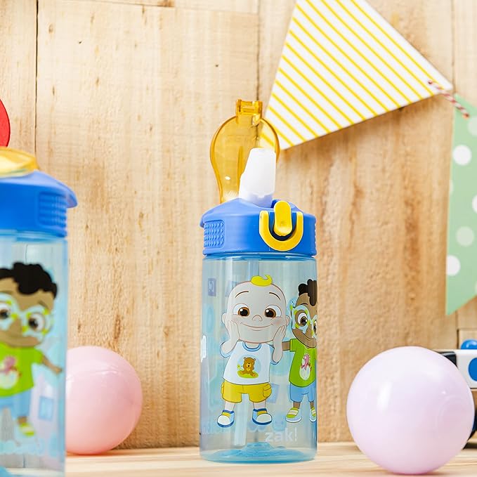 Zak Designs CoComelon Kids Water Bottle with Spout Cover and Built-In Carrying Loop, Durable Plastic, Leak-Proof Water Bottle Design for Travel (16 oz, 2-Pack, Non-BPA)