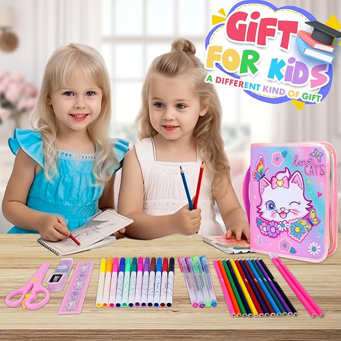Washable Markers Set with Glitter Pencil Case, Art Supplies for Kids Ages 4-6-8, Arts Crafts Travel Coloring Kit for Girls 4 5 6 7 8 Year Old Birthday Gifts