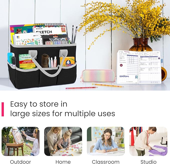 Godery Desktop Tote and Stock Organizer, Teacher Helper Tote Bag Organization for Arts, Books, Stationery, Office Desk Organizer, Make-up Storage Tote with Handles for Travel, Black-Gray