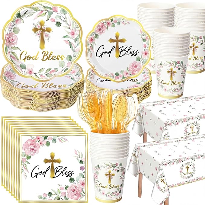 Pickmesh 194 Pcs God Bless Baptism Party Decoration Girl for 24, Pink Floral Baptism Confirmation Paper Plate Napkin Cup Tablecloth Cutlery for First Holy Communion Christening Baby Shower Supplies