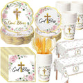 Pickmesh 194 Pcs God Bless Baptism Party Decoration Girl for 24, Pink Floral Baptism Confirmation Paper Plate Napkin Cup Tablecloth Cutlery for First Holy Communion Christening Baby Shower Supplies