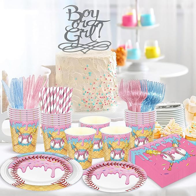 168PCS Ice Cream Drip Baseball Birthday Party Decorations & Favors - Serves 24 | Disposable Tableware: Baseball Plates, Napkins, Cups | Sports/Birthday Party Supplies
