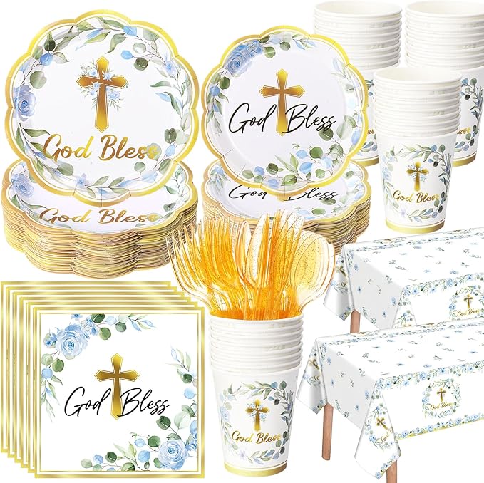 Pickmesh 194 Pcs God Bless Baptism Party Decoration Boy for 24, Blue Floral Baptism Confirmation Paper Plate Napkin Cup Tablecloth Cutlery for First Holy Communion Christening Baby Shower Supplies