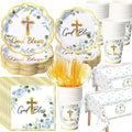 Pickmesh 194 Pcs God Bless Baptism Party Decoration Boy for 24, Blue Floral Baptism Confirmation Paper Plate Napkin Cup Tablecloth Cutlery for First Holy Communion Christening Baby Shower Supplies