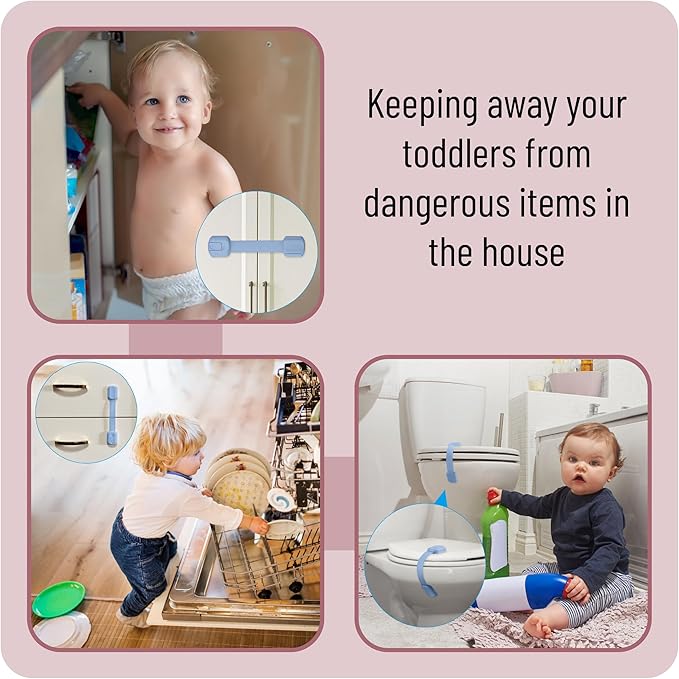 Bate- Child Safety Strap Locks, 6 Pack, Dusty Blue, Baby Locks for Cabinets, Drawers, Kitchen, Toilet, Furniture, Fridge, Multi-Purpose, Easy Install with Quick 3M Adhesive for Childproofing