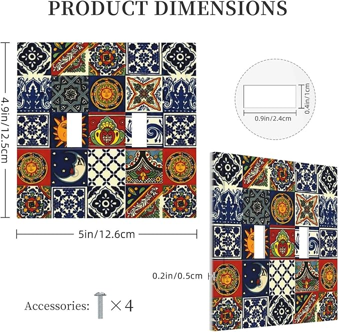 Mystic Aesthetic Boho Sun and Moon Mexican Talavera Tile Double Toggle Wall Plate Mysterious Hippy Kitchen Mosaic Decorative 2-Gang Light Switch Cover Electrical Receptacle Outlet Face Plate Cover