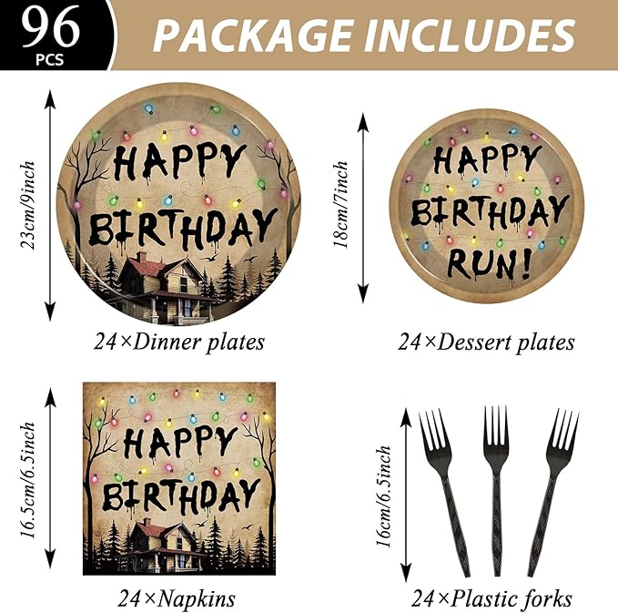 96Pcs Spooky Rustic Alphabet Party Plates and Napkins Retro Scary House Decor Retro Colorful Light Bulbs Paper Dessert Cake Plates Horror Alphabet Tableware Set for Halloween Party Supply 24 Guests