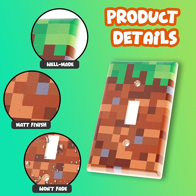 Pixel Light Switch Cover Plate - Decorative Wall Plate for Gamer Bedroom Decor – Retro 8-Bit Art Decoration for Kids Room & Video Game Themed Makeovers (Standard Toggle Fit)
