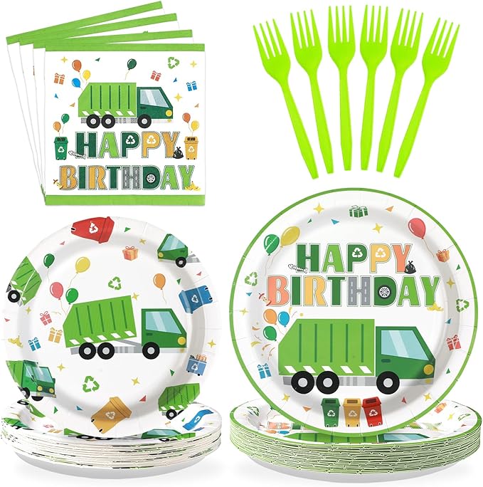 Grencian 96Pcs Trash Truck Birthday Decoration - Garbage Truck Plates and Napkins Trash Party Disposable Tableware for Kids Boys Recycling Rubbish Birthday Party Decorations Serves 24