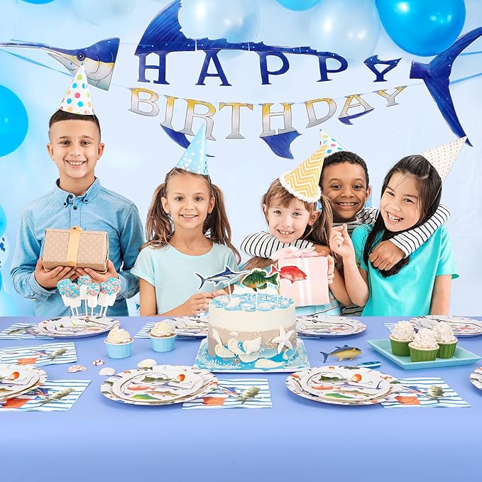 WERNNSAI Fishing Party Decorations - 48PCS Tropical Fish Birthday Party Decorations Fishing Plates Napkins Tablmeware Set for Boys Baby Shower Fisherman Birthday Party Decor Serves 16 Guests