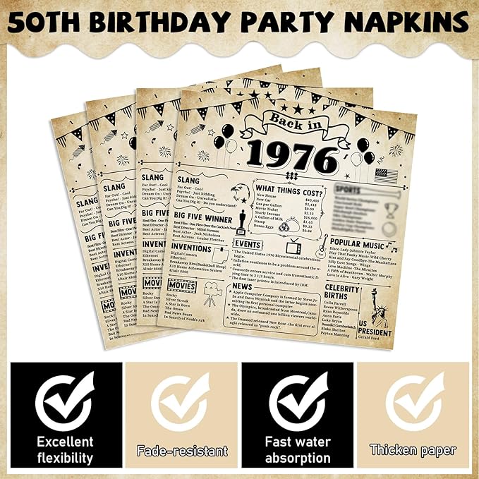 96Pcs 50th Birthday Party Plates and Napkins 50th Birthday Party Decorations Back in 1976 Dessert Plates Vintage 50 Years Old Themed Tableware Set Vintage 1976 Disposable Plates for Men Women Serve 24
