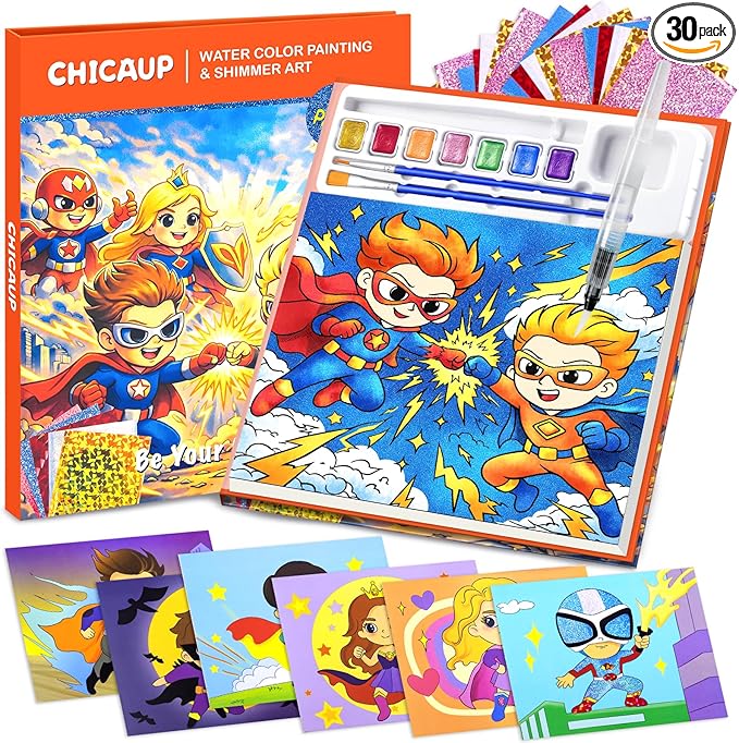 CHICAUP Paint with Water Coloring Books Shimmer Art Kit for Kids, Superhero Themed Arts and Crafts Set with Watercolor Painting Kit, Travel Art Supplies for Boys Girls Ages 4-8 Birthday Christmas