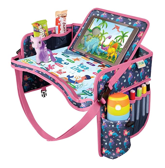 Kids Travel Tray - Waterproof Lap Table with No-Drop Large Tablet Holder - Car Seat Tray - Road Trip Essentials Kids - Car Desk Organizer for Airplane - Toddler Travel Essentials(MERMAID)