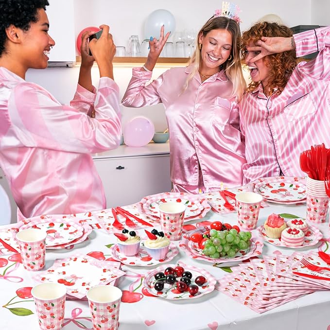 Pickmesh 194 Pcs Cherry Party Decorations for 24, Pink Cherry Bow Paper Plates and Napkins Cups Tablecloth Cutlery Coquette Gingham Tableware Set for Baby Shower Birthday Party Supplies