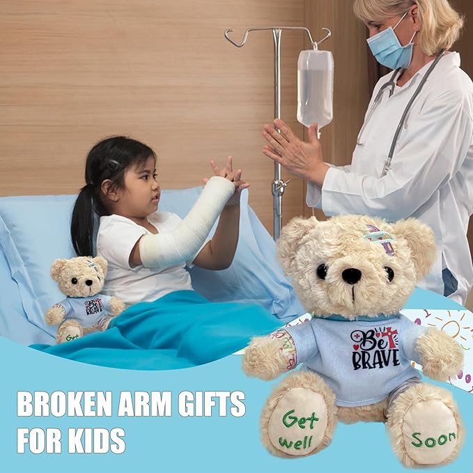 Get Well Soon Bear 2-Pack, 8" Plush Stuffed Animals with Broken Arm & Leg Cast, Cute Surgery Recovery Gifts for Kids, Boys, Girls, Toddlers - "Be Brave" Outfit & "Get Well Soon" Embroidery, Gift Ready