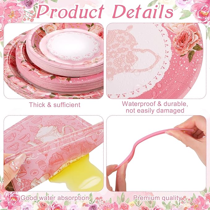 Kochorie 192 Pcs Tea Party Tableware Sets Disposable Let's Partea Party Supplies Plates Cups Napkins Cutlery Serves 24 with Teacups and Saucers Sets for Birthday Wedding Baby Shower Party Decorations
