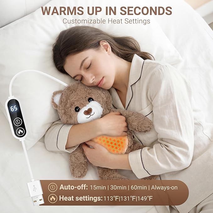 Teddy Bear Heating Pad for Period Cramps, Heated Stuffed Animal Plush Toy, USB Electric Heating Pad with Auto Shut Off,Warm Plushie for Belly Back Shoulder Pain Relief, Gift for Mom Women