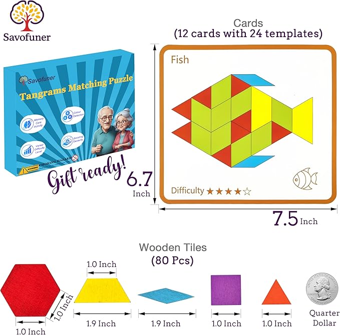 Memory Care Activities for Seniors, Wooden Cognitive Games for Elderly, 80 Pieces Tangram Puzzles for Alzheimer and Dementia Patients, Large Wooden Colorful Shape Pattern Matching Board Gifts (Easy)