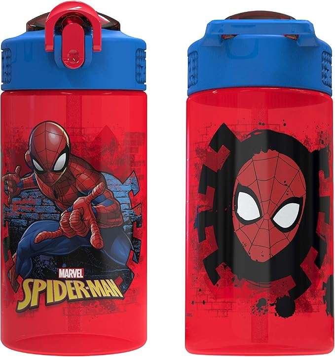 Zak Designs Marvel SpiderMan Kids Spout Cover and Built-in Carrying Loop Made of Plastic, Leak-Proof Water Bottle Design (16 oz, BPA-Free)