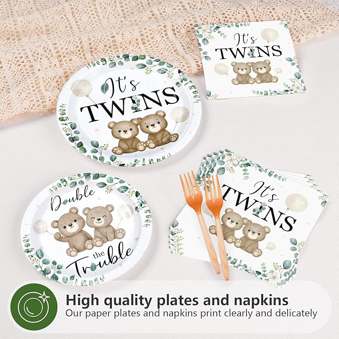 96 Pcs Twin Baby Shower Party Decorations Twin Bear Paper Plates and Napkins It's Twins Sage Green Disposable Tableware Set for Twins Baby Shower Boys Girls Birthday Party Supplies, Serves 24