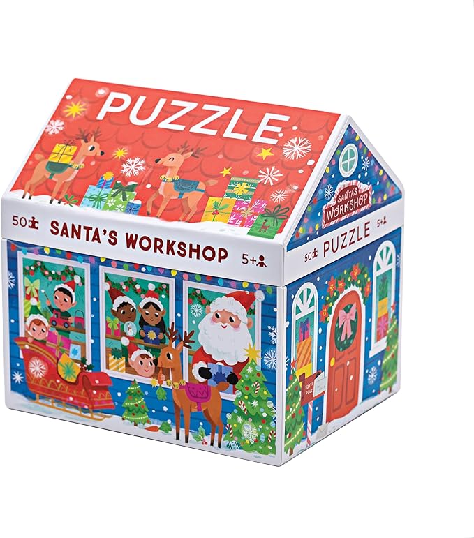 Crocodile Creek 50-Piece Jigsaw Puzzle - Fun Table or Floor Puzzles for Kids Ages 4-6 and Up - Includes Heavy-Duty Shaped Box for Storage - Santa's Workshop - 14" x 18" Finished
