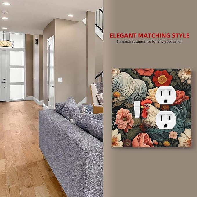 Wallplates Rooster Flowers Red White Chicken Floral 1 Toggle 1 Duplex Switch Plate Electrical GFCI Faceplate Decorative Light Switch Covers for living Room Farmhouse Decor