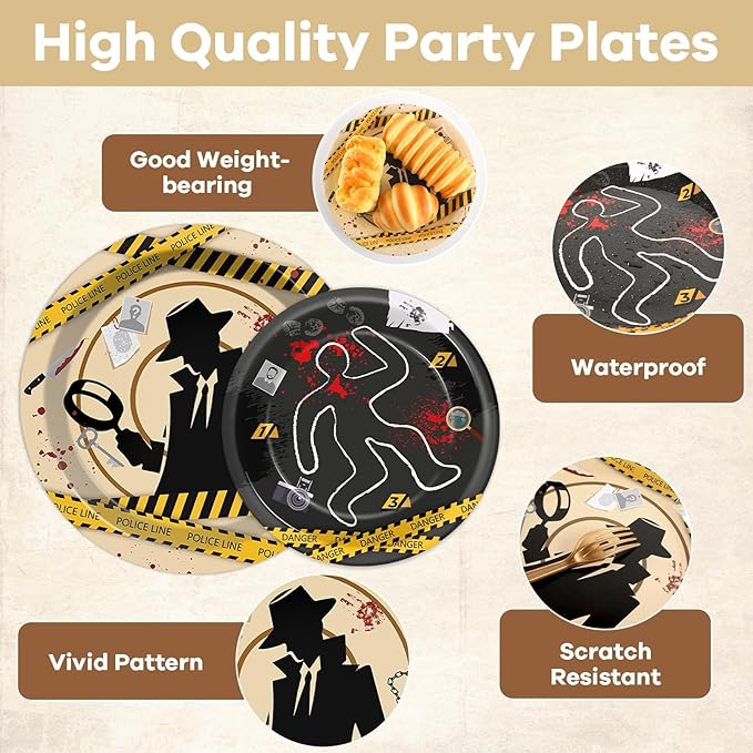 OBUSATT 96 Pcs Detective Theme Paper Plates and Napkins Top Secret Agent Spy Birthday Party Supplies Escape Room Tableware Set for Kids Boys Girls Clue Games Party Decorations Favors for Serves 24