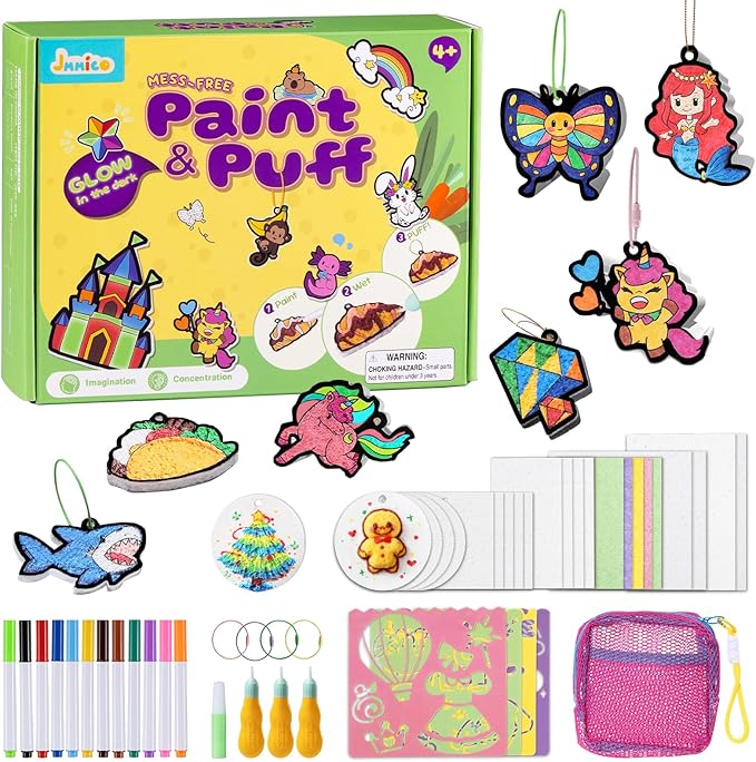 JMMICO 81 PCS 3D Art Paint & Puff Set, Mess-Free Crafts for Kids Ages 4-8-12, Glow-in-the-drak Aqua Puffs, Gifts for Girls Boys, Creative & No Mess Painting Crafts for Kids 4 5 6 7 8 9 10 Year Old