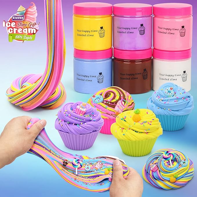 Elover Ice Cream Slime Kit for Girls and Boys Fluffy DIY Slime Toys Gifts Make Ice Cream Slimes 6 Color