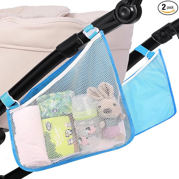 Stroller Side Bag - Bike/Stroller Organizer, Hook & Loop Easy Attach - Mesh Design, Non-Slip Straps, mom Cozy Stroller Organizer, Stroller Accessories, Black (BLUE 2PCS)