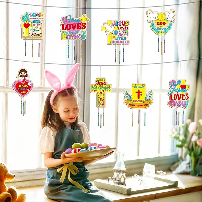 16 Pack Easter Jesus Loves Me Crafts for Kids Wooden Religious Wind Chime Crafts Kits Make Your Own Christian Crafts Wooden DIY Arts for Party School Classroom Decorations Supplies Birthday Favors