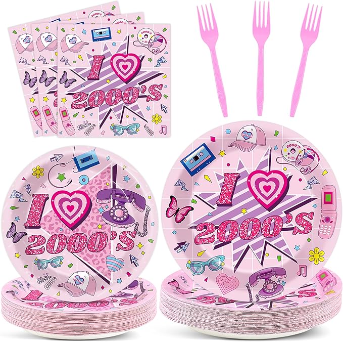 Qyeahkj 100Pcs 2000s Y2K Pink Decorations Party Supplies 90s Plates Napkins Disposable 1990s Tableware Dinnerware Birthday for 90's Kids Bachelorette Favor