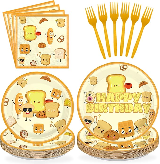 96Pcs Toast Bread Birthday Party Supplies Breakfast Bread Plates and Napkins Disposable Toast Food Theme Tableware Set for Kids Happy Birthday Party Decorations Serves 24