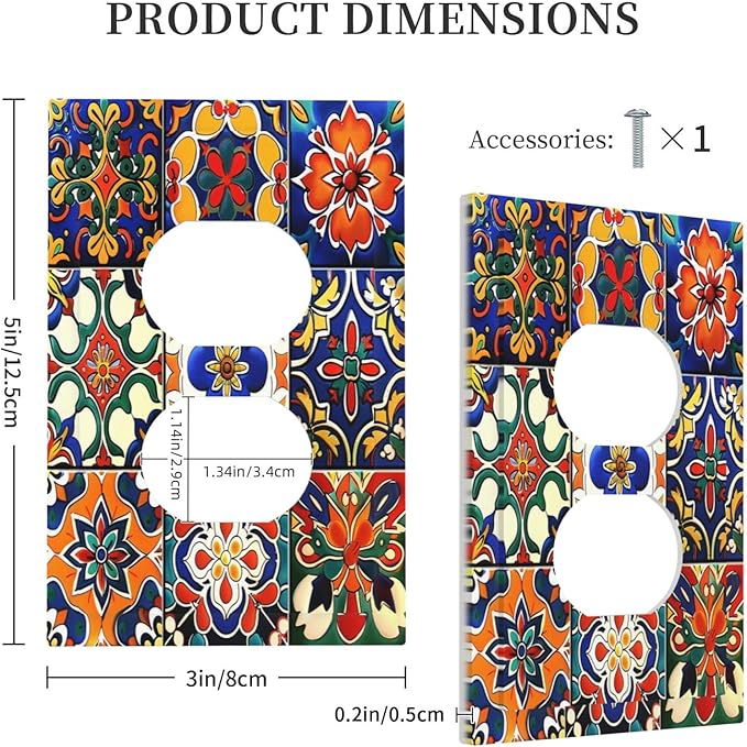 Outlet Covers Colorful Mexican Talavera Vintage Boho Floral 1 Gang Duplex Light Switch Cover Decorative Switch Plates Electrical Receptacle Faceplate Wall Plate for Kitchen Bathroom