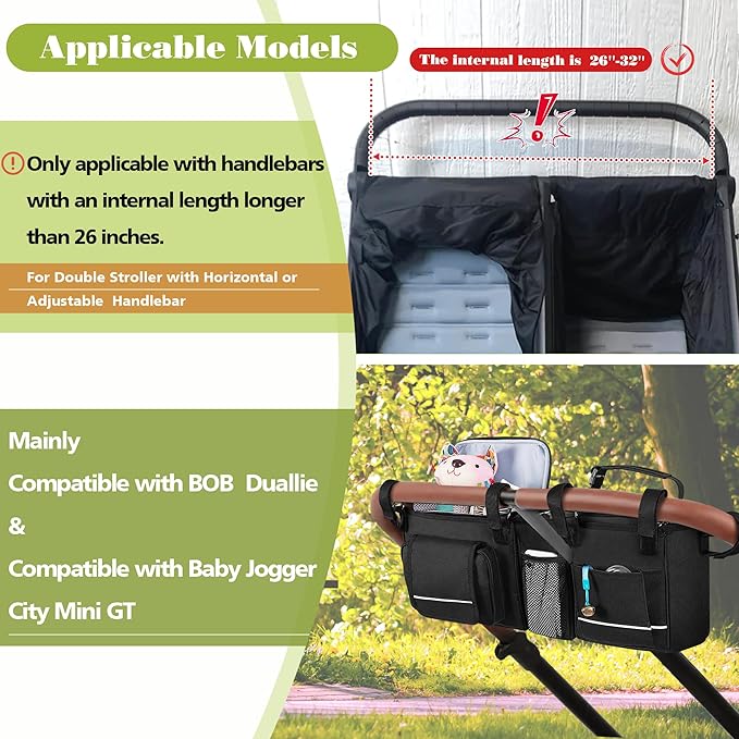 HODRANT Double Stroller Organizer Compatible with BOB Duallie & Compatible with Baby Jogger City Mini GT2 Stroller, Double Stroller Parent Console with Detachable Cooler & Cup Holder, Patent Pending