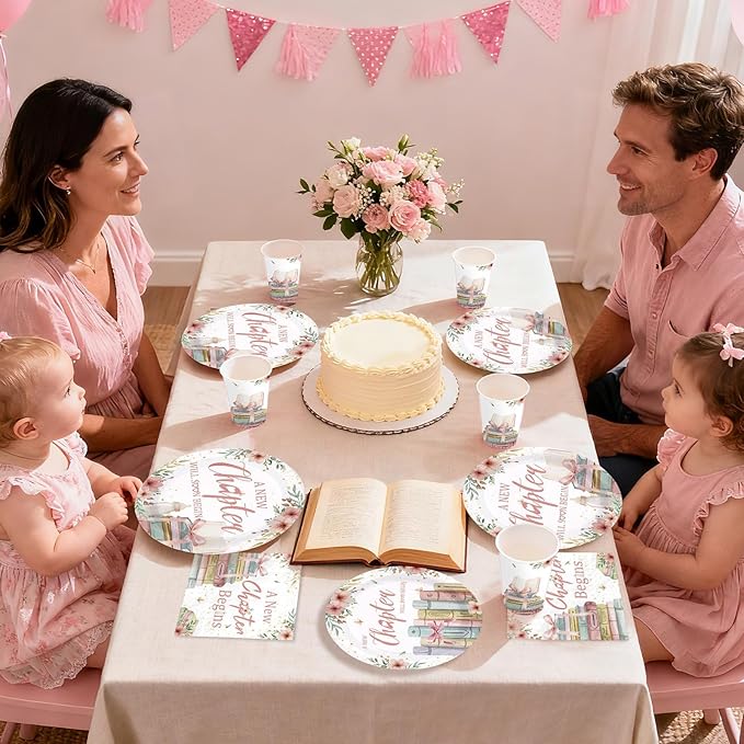 168Pcs A New Chapter Is About to Begin Baby Shower Decoration Storybook Plates Napkins Cups Forks Knives Spoons Pink Book Theme Paper Tableware for Gilrs Newborn Baby Shower Supplies Serves 24