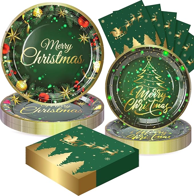 72PCS Christmas Plates and Napkins for Party Decorations, Set of 24 Merry Christmas Disposable Tableware Supplies, Green Gold Christma Tree Paper Plates for Xmas Party