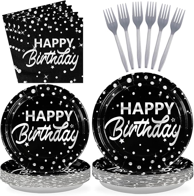 Grencian 96Pcs Black and Silver Birthday Party Decorations Silver Polka Dots on Black Paper Plates and Napkins Disposable Tableware for Women Men Birthday Party Graduation Decorations 2026 Serve 24
