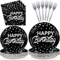 Grencian 96Pcs Black and Silver Birthday Party Decorations Silver Polka Dots on Black Paper Plates and Napkins Disposable Tableware for Women Men Birthday Party Graduation Decorations 2026 Serve 24