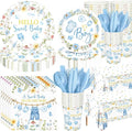 Pickmesh 194 Pcs Floral Baby Boy Shower Decorations for 24 Guests, Baby Shower Blue Paper Plates and Napkins Cups Tablecloth Cutlery for Spring It's a Boy Gender Reveal Party Supplies