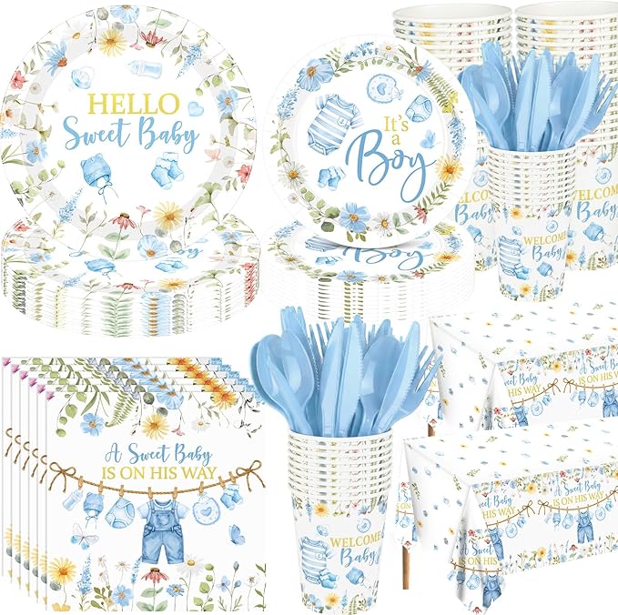 Pickmesh 194 Pcs Floral Baby Boy Shower Decorations for 24 Guests, Baby Shower Blue Paper Plates and Napkins Cups Tablecloth Cutlery for Spring It's a Boy Gender Reveal Party Supplies