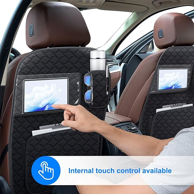 Back Seat Protector 2 Pack Fit for Ford F150 Car Kick Mats with Touch Screen Tablet Holder Storage Organizer Waterproof Dirt Proof Faux Leather Auto Accessories for Kids (1 Pair Black)
