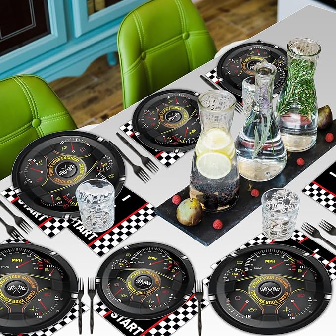 96Pcs Race Car Party Plates and Napkins for Baby Shower Birthday Decorations Supplies Racing Themed Paper Dessert Plates Start Your Engines Tableware Set for Kids Boys 24 Guests Party Decorations